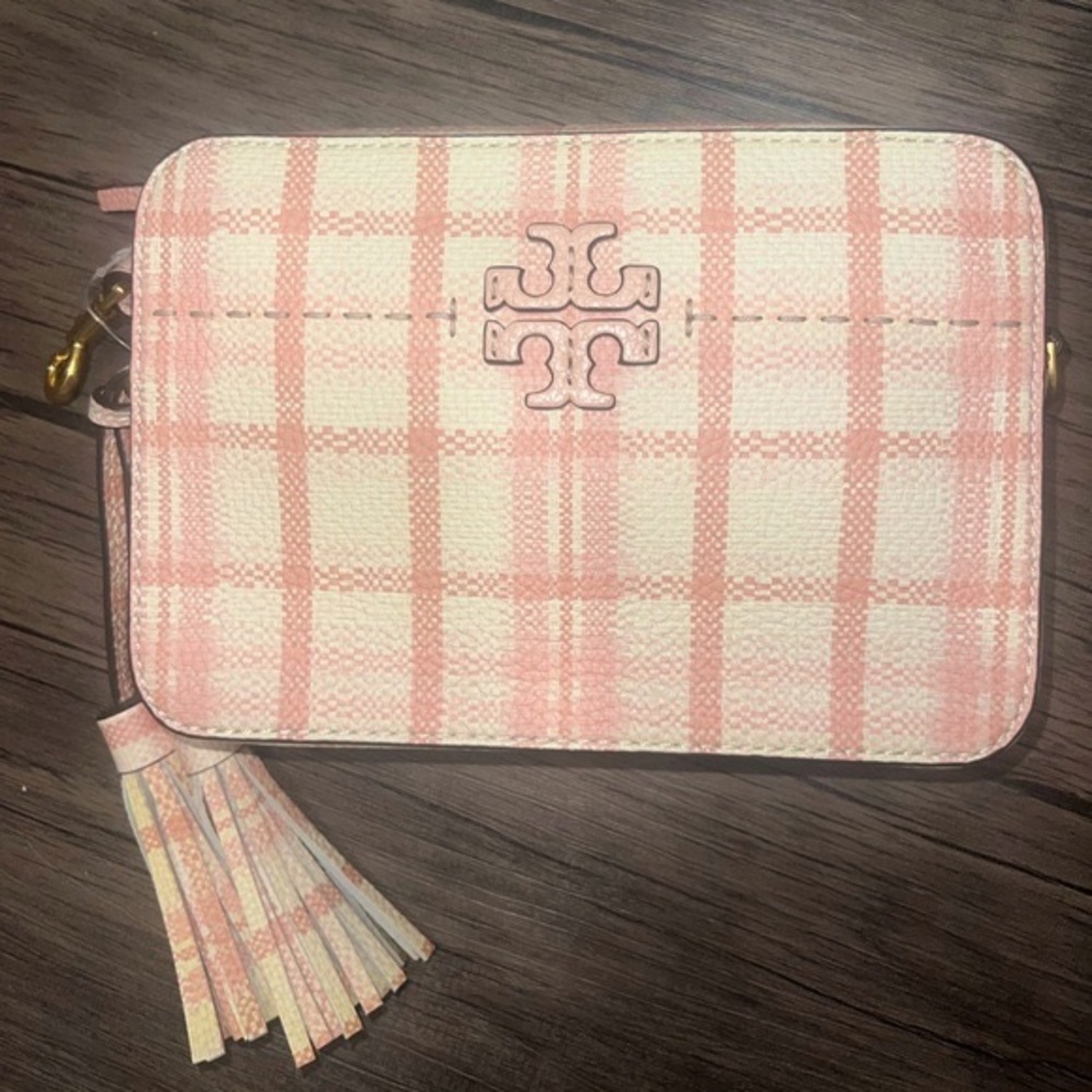 TORY BURCH MCGRAW PLAID LEATHER CAMERA BAG - PINK IN PINK CHECK IN PLAID - Picture 1 of 6